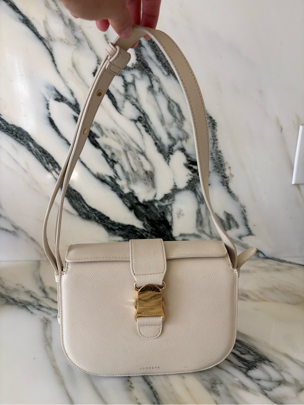 Senreve Cream Leather Shoulder Bag with Gold Hardware